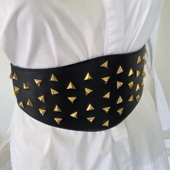 Nwot Saint Laurent Paris Black LeatherBelt w/ Gold Studs Size M Italy